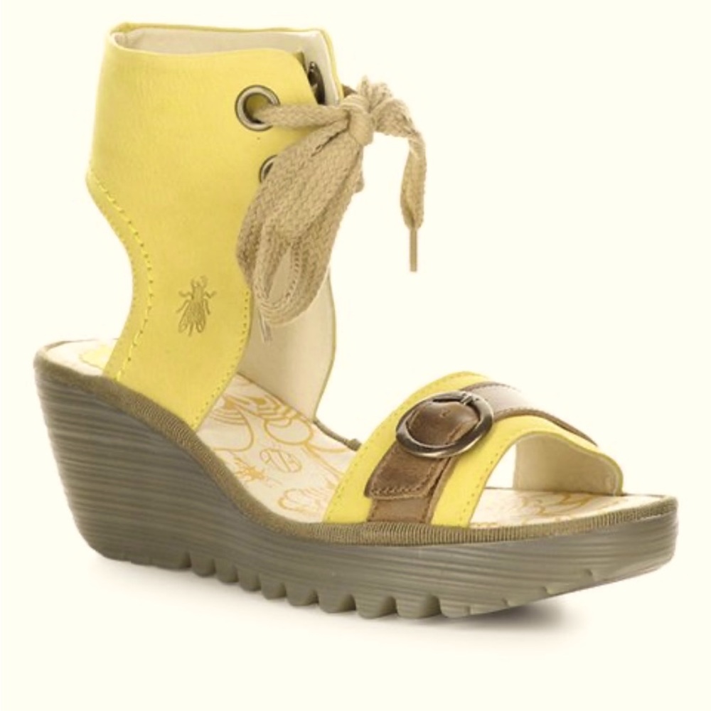 New FLY LONDON  I  Yellow Yaje Leather Platform Sandal